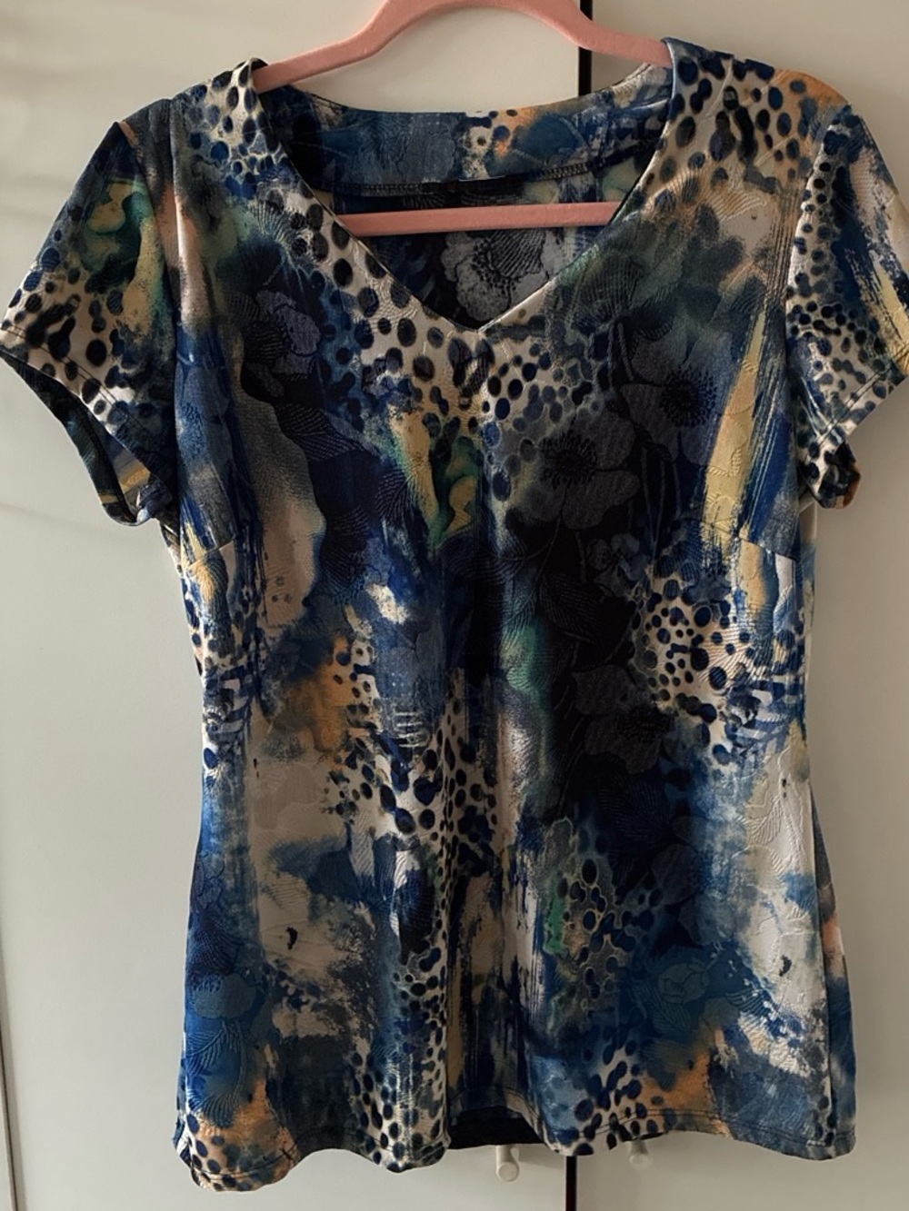 Women’s Blue Multi-Pattern V-Neck Top